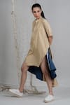 Buy_Chillosophy_Beige Poplin Embroidery Mandarin Collar Colorblock Dress  _Online_at_Aza_Fashions