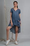 Buy_Chillosophy_Blue Chambray Voile Embroidery V Neck Asymmetric Dress  _at_Aza_Fashions