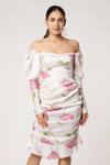 Emblaze_White Modal Satin Printed Off-shoulder Dress_Online_at_Aza_Fashions
