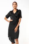 Emblaze_Black Satin Embroidery V Neck Wrap Dress _Online_at_Aza_Fashions