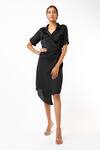 Buy_Emblaze_Black Satin Embroidery V Neck Wrap Dress _at_Aza_Fashions