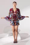 Buy_Limerick by Abirr N' Nanki_Maroon Crepe Embroidery V Neck Printed Dress _at_Aza_Fashions