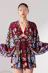 Limerick by Abirr N' Nanki_Maroon Crepe Embroidery V Neck Printed Dress _Online_at_Aza_Fashions