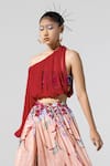 Buy_Limerick by Abirr N' Nanki_Maroon Crepe Embroidery Asymmetric Draped Crop Top With Bustier  _at_Aza_Fashions