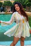 Buy_Nadima Saqib_White Wrinkle Cotton Embroidery Round Striped Flared Dress _at_Aza_Fashions