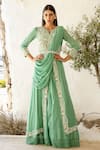 Buy_Shruti Sancheti_Green Georgette Embroidery Notched Kurta Lehenga Set _at_Aza_Fashions