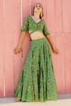Shruti Sancheti_Green Mul V Neck Printed Lehenga Set _Online_at_Aza_Fashions