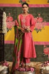 Buy_Vrinda by Pundrik Dubey_Pink Raw Silk Embroidery Notched Sandli Gulabi Anarkali Set _at_Aza_Fashions