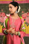 Vrinda by Pundrik Dubey_Pink Raw Silk Embroidery Notched Sandli Gulabi Anarkali Set _Online_at_Aza_Fashions