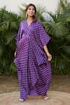 Buy_Ruchira Nangalia_Purple Modal Satin Embroidery V Neck Bandhani Print Cowl Dress  _at_Aza_Fashions