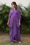 Ruchira Nangalia_Purple Modal Satin Embroidery V Neck Bandhani Print Cowl Dress  _Online_at_Aza_Fashions