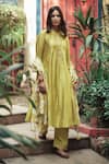 Shop_House Of Pink_Green Bottom Cotton Satin, Kurta And Dupatta Chanderi Band Set _at_Aza_Fashions
