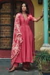 Buy_HOUSE OF PINK_Pink Anarkali And Dupatta Chanderi Embroidery V Neck Set _at_Aza_Fashions