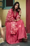 Buy_HOUSE OF PINK_Pink Anarkali And Dupatta Chanderi Embroidery V Neck Set _Online_at_Aza_Fashions
