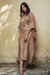 Buy_HOUSE OF PINK_Beige Cotton Silk Embroidery Notched Kaftan _at_Aza_Fashions