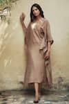 Shop_HOUSE OF PINK_Beige Cotton Silk Embroidery Notched Kaftan _at_Aza_Fashions