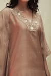 HOUSE OF PINK_Beige Cotton Silk Embroidery Notched Kaftan _at_Aza_Fashions