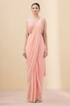 Shop_ARPAN VOHRA_Peach Georgette Embroidery Scoop Neck Pre-draped Ruffle Saree With Blouse _Online_at_Aza_Fashions