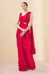 Buy_ARPAN VOHRA_Red Georgette Embroidery Scoop Neck Pre-draped Ruffle Saree With Blouse _at_Aza_Fashions