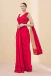 Buy_ARPAN VOHRA_Red Georgette Embroidery Scoop Neck Pre-draped Ruffle Saree With Blouse _Online_at_Aza_Fashions