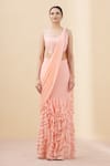 Shop_ARPAN VOHRA_Peach Georgette Embroidery Scoop Neck Pre-draped Saree Gown With Blouse _Online_at_Aza_Fashions