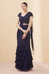Buy_Arpan Vohra_Blue Tulle, Georgette Scoop Neck Pre-draped Ruffle Saree With Blouse _at_Aza_Fashions