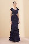 Arpan Vohra_Blue Tulle, Georgette Scoop Neck Pre-draped Ruffle Saree With Blouse _Online_at_Aza_Fashions