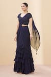 Buy_Arpan Vohra_Blue Tulle, Georgette Scoop Neck Pre-draped Ruffle Saree With Blouse _Online_at_Aza_Fashions