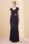 Shop_Arpan Vohra_Blue Tulle, Georgette Scoop Neck Pre-draped Ruffle Saree With Blouse _Online_at_Aza_Fashions