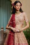 Shop_Rachit Khanna_Pink Raw Silk V Neck Embroidered Bridal Lehenga Set _at_Aza_Fashions