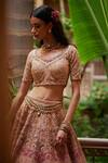 Rachit Khanna_Pink Raw Silk V Neck Embroidered Bridal Lehenga Set _Online_at_Aza_Fashions