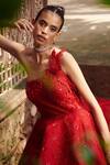 Shop_Rachit Khanna_Red Raw Silk Asymmetric Embroidered One Shoulder Gown _Online_at_Aza_Fashions
