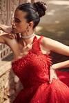 Rachit Khanna_Red Raw Silk Asymmetric Embroidered One Shoulder Gown _at_Aza_Fashions