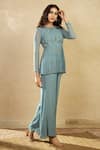 Shop Shikha And Srishti Design Blue Organza, Georgette Round Pleated Peplum Top And Pant Set at Aza Fashions Shop_Shikha And Srishti Design_Blue Organza, Georgette Round Pleated Peplum Top And Pant Set _at_Aza_Fashions