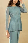 Buy Shikha And Srishti Design Blue Organza, Georgette Round Pleated Peplum Top And Pant Set Online at Aza Fashions Buy_Shikha And Srishti Design_Blue Organza, Georgette Round Pleated Peplum Top And Pant Set _Online_at_Aza_Fashions