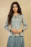 Shikha And Srishti Design_Blue Silk, Organza, Satin Round Embroidered Jacket And Skirt Set _Online_at_Aza_Fashions