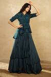 Shop_Shikha and Srishti Design_Blue Organza Embroidery V Neck Layered Lehenga Set _at_Aza_Fashions
