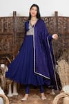 Nadima Saqib_Blue Anarkali Chanderi, Georgette Churidar Pant Gathered Sleeve Angrakha Set _Online_at_Aza_Fashions