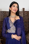 Nadima Saqib_Blue Anarkali Chanderi, Georgette Churidar Pant Gathered Sleeve Angrakha Set _at_Aza_Fashions