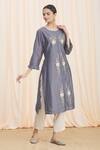 Adara Khan_Grey Rayon Slub Floral Embroidered Kurta Pant Set_Online_at_Aza_Fashions