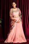 Aayushi Maniar_Peach Cape Organza, Flared Pant And Bustier Crepe Silk Open Printed & Set _Online_at_Aza_Fashions