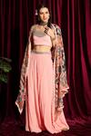 Shop_Aayushi Maniar_Peach Cape Organza, Flared Pant And Bustier Crepe Silk Open Printed & Set _at_Aza_Fashions
