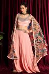 Buy_Aayushi Maniar_Peach Cape Organza, Flared Pant And Bustier Crepe Silk Open Printed & Set _Online_at_Aza_Fashions