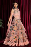 Buy_Aayushi Maniar_Peach Drape Net, Lehenga And Blouse Crepe Silk Notched Printed & Set_at_Aza_Fashions