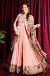Buy_Aayushi Maniar_Peach Anarkali Crepe Silk Embroidery Scoop Neck With Printed Dupatta _at_Aza_Fashions