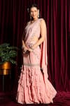 Aayushi Maniar_Peach Crepe Silk Embroidery Scoop Neck Ruffle Pre-draped Saree Set _Online_at_Aza_Fashions