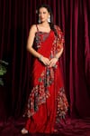 Buy_Aayushi Maniar_Red Blouse Organza, Saree Crepe Silk Square Neck Ruffle Pre-draped Set_at_Aza_Fashions