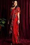 Shop_Aayushi Maniar_Red Blouse Organza, Saree Crepe Silk Square Neck Ruffle Pre-draped Set_at_Aza_Fashions