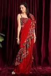Aayushi Maniar_Red Blouse Organza, Saree Crepe Silk Square Neck Ruffle Pre-draped Set_Online_at_Aza_Fashions