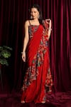 Buy_Aayushi Maniar_Red Blouse Organza, Saree Crepe Silk Square Neck Ruffle Pre-draped Set_Online_at_Aza_Fashions